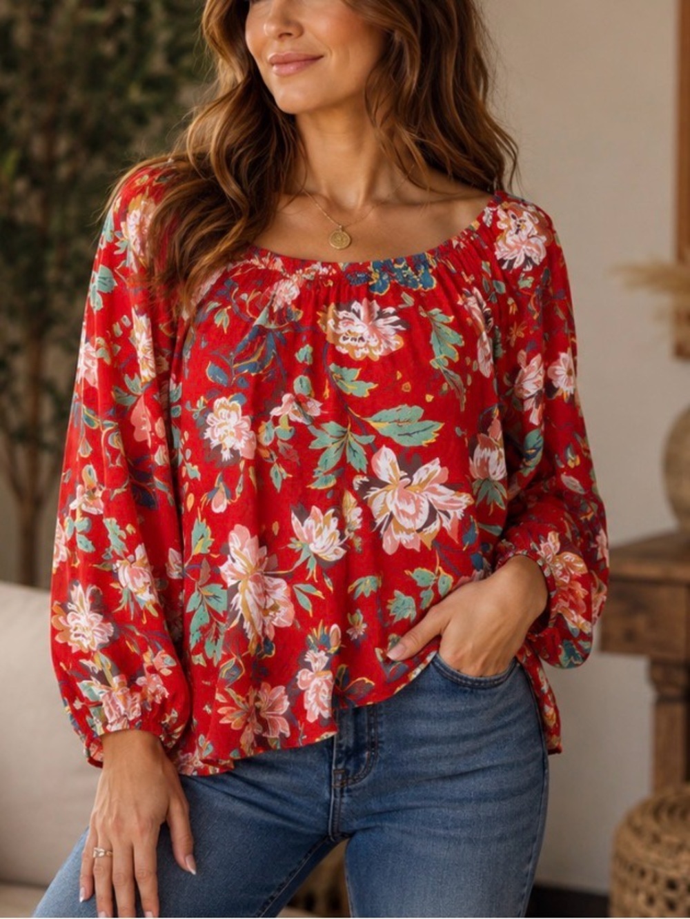 Anthropologie Maeve Red Floral Peasant Tunic Top